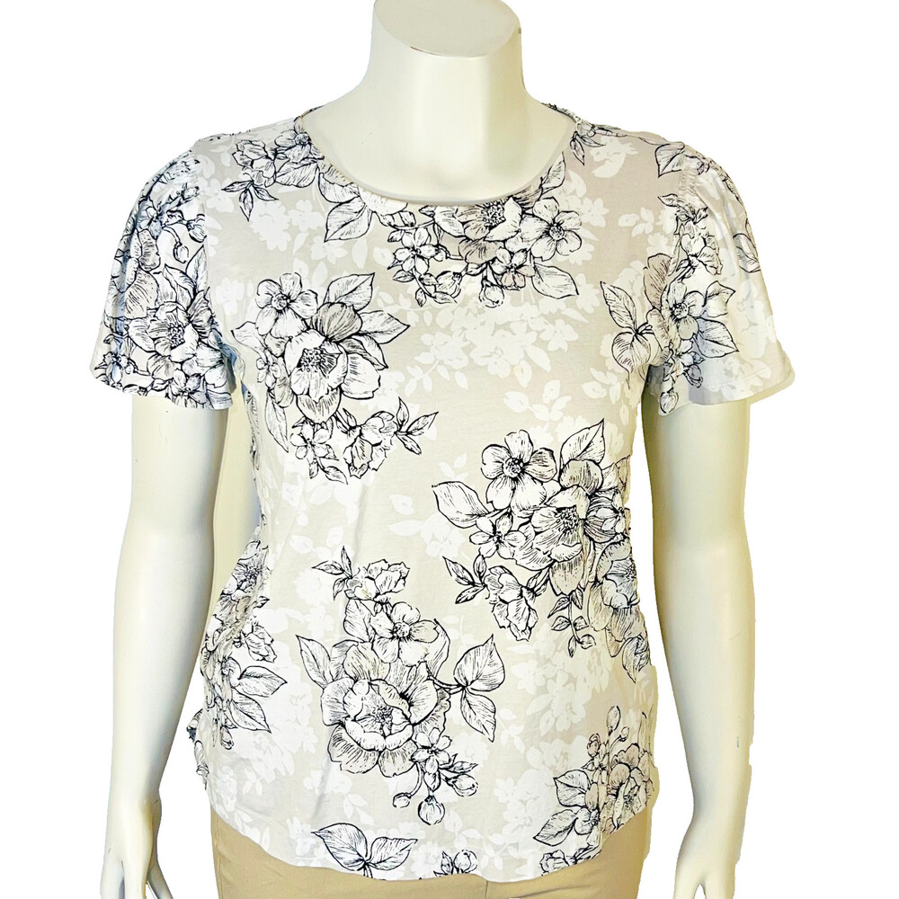Ann Taylor Factory Blouse Womens L Beige Gray Floral Stretch Short Sleeve
